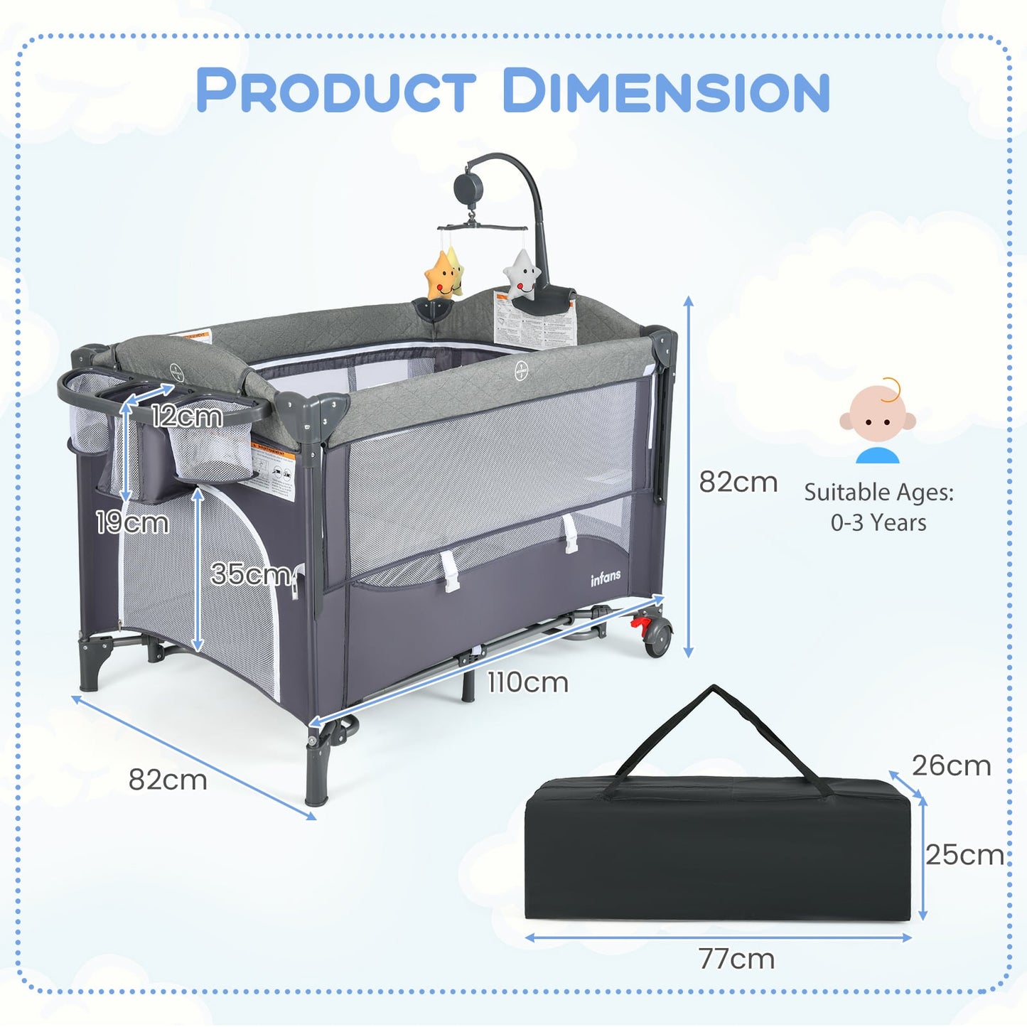 6-in-1 Blue Baby Travel Cot & Bedside Sleeper with Changing Table