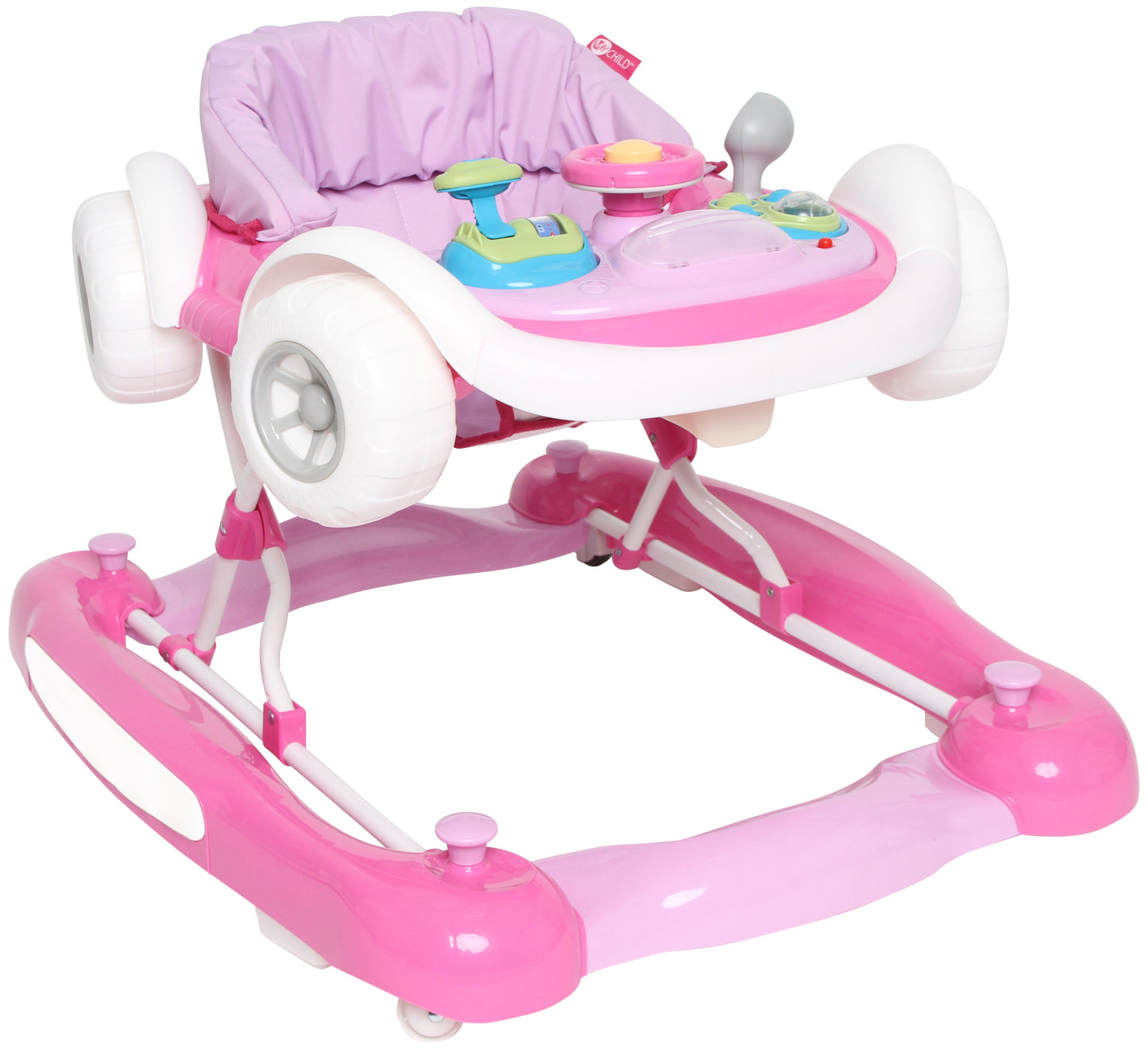 Pink baby walker with toys on a white background