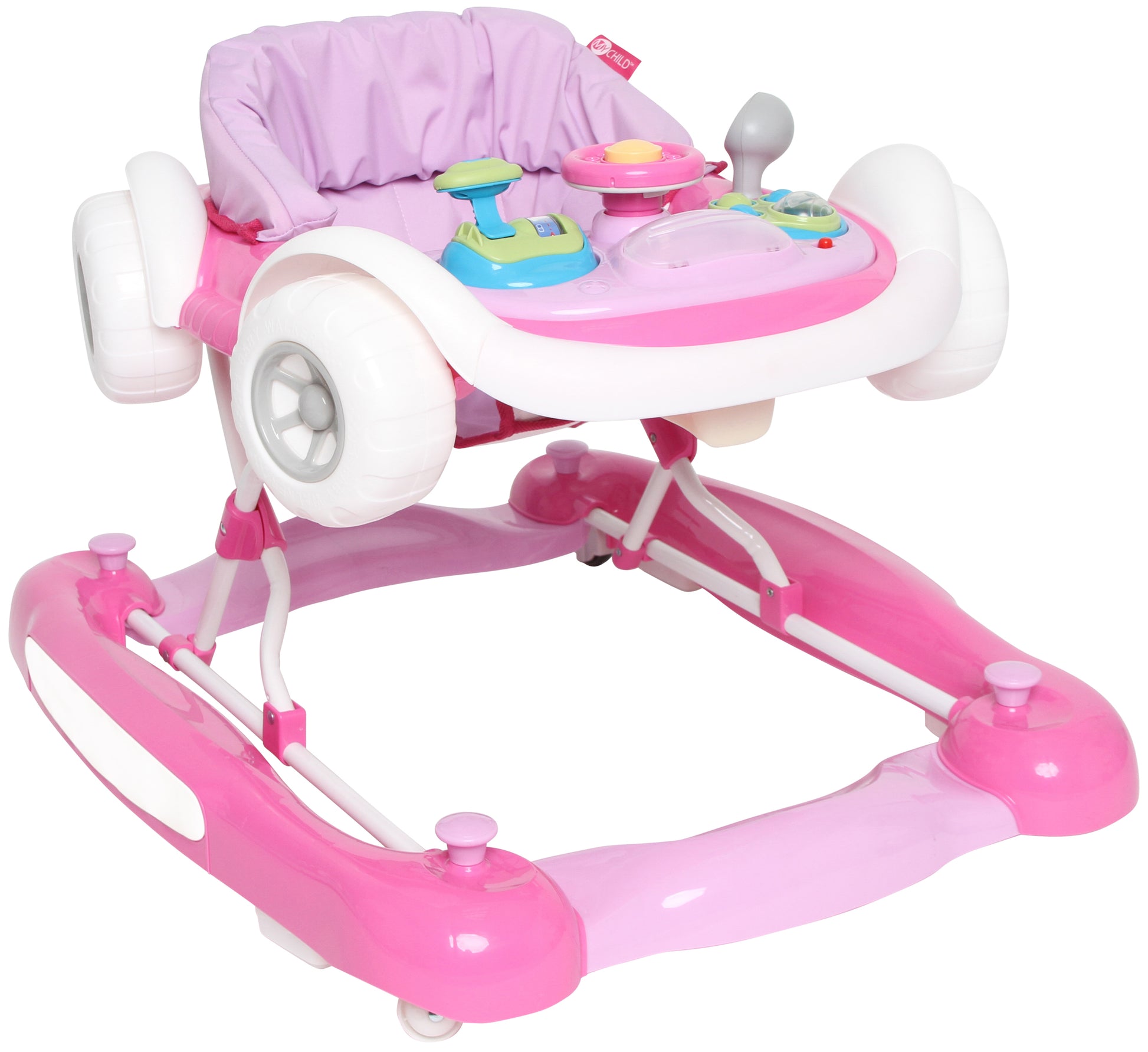 Pink baby walker with toys on a white background