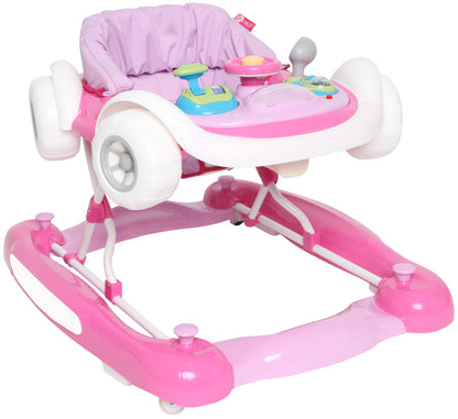 Pink baby walker with toys on a white background