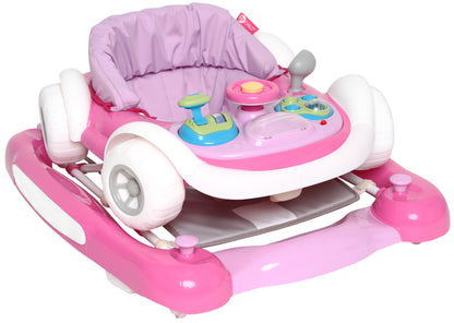Pink baby walker with colorful buttons on a white background