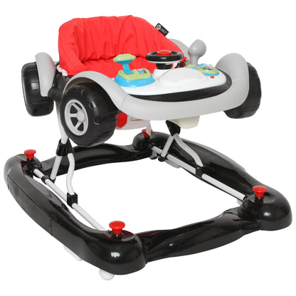 Children's walker with red seat and colorful controls on a white background