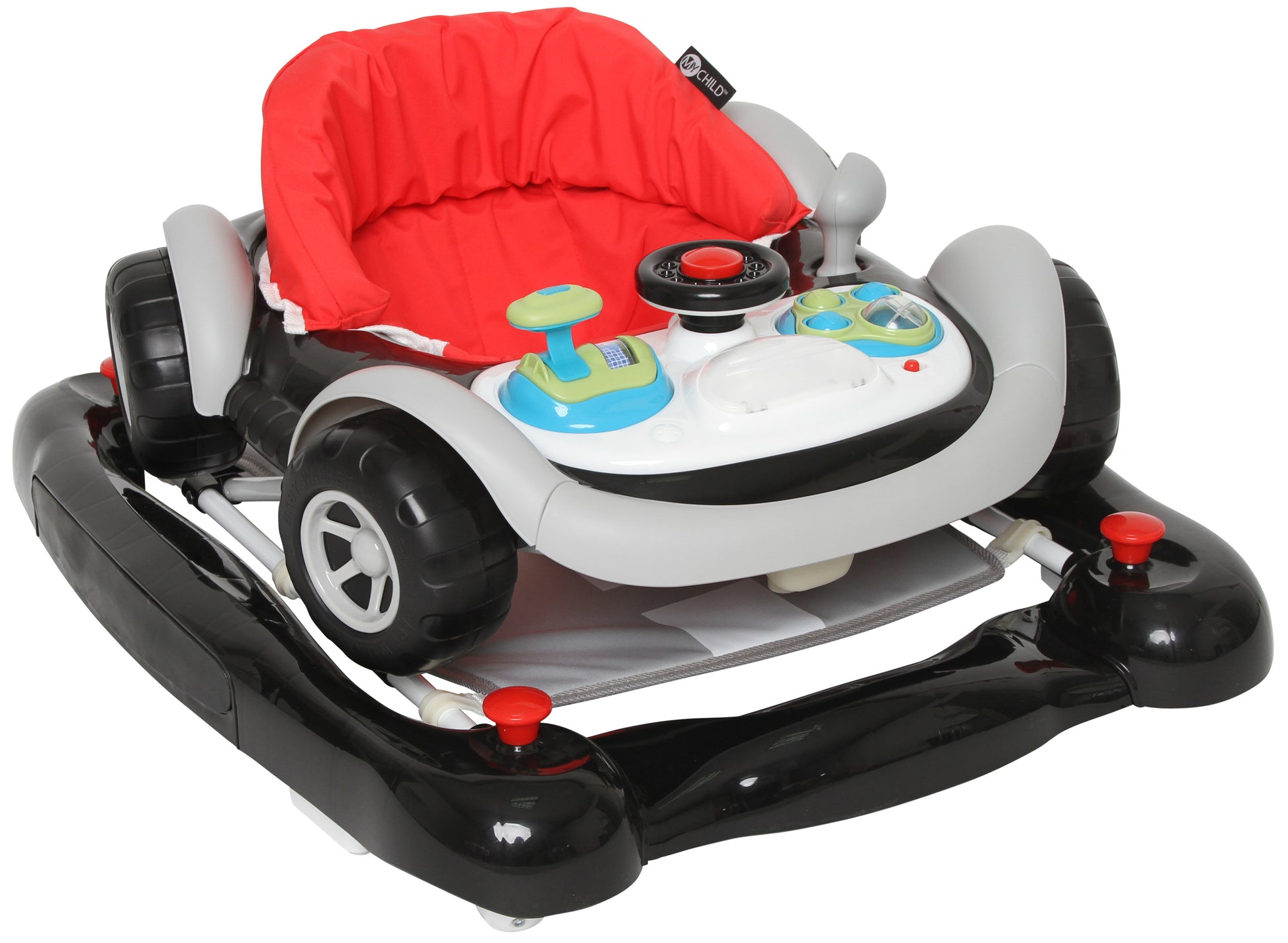 Children's toy car with red seat and colorful controls on a white background