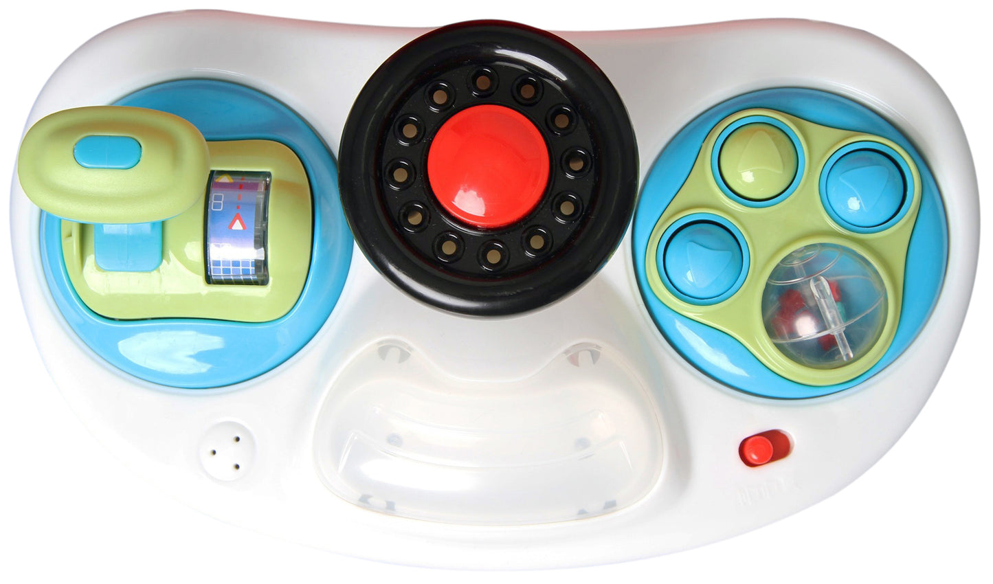 Colorful toy control panel with various buttons and a screen on a white background