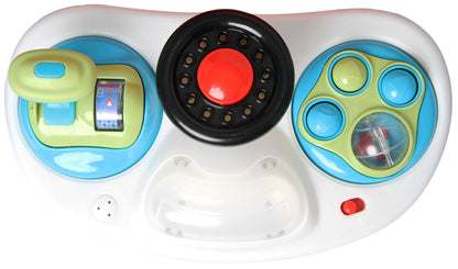 Colorful toy control panel with various buttons and a screen on a white background
