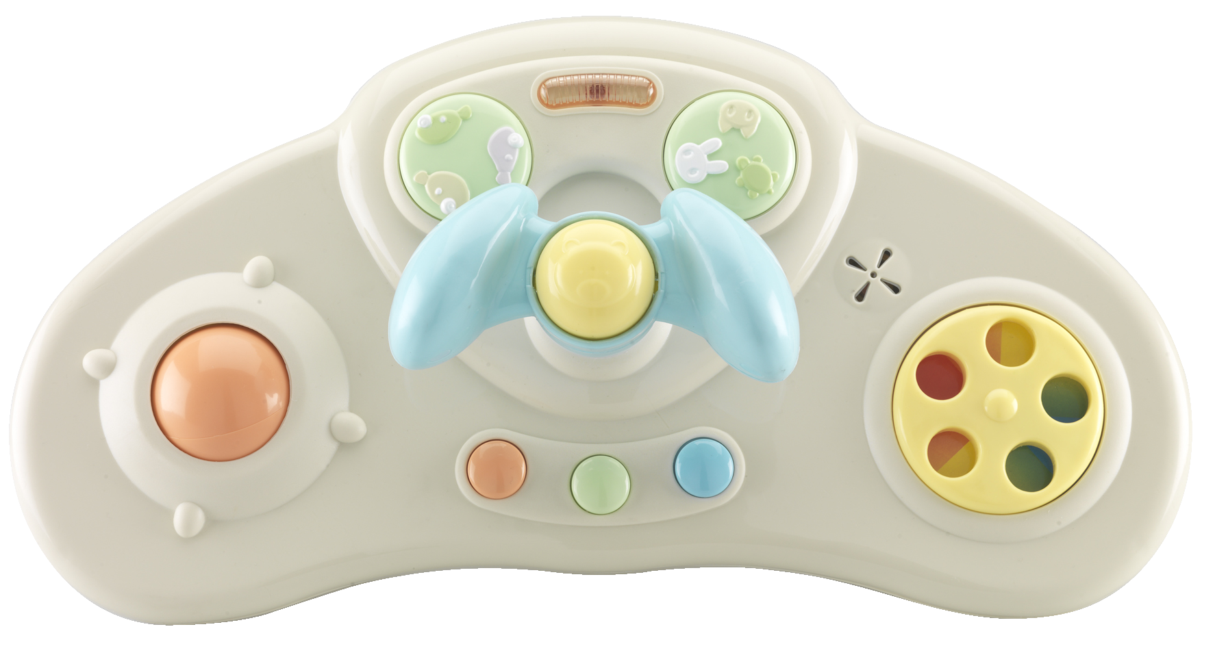 Toy steering wheel with colorful buttons on a white background
