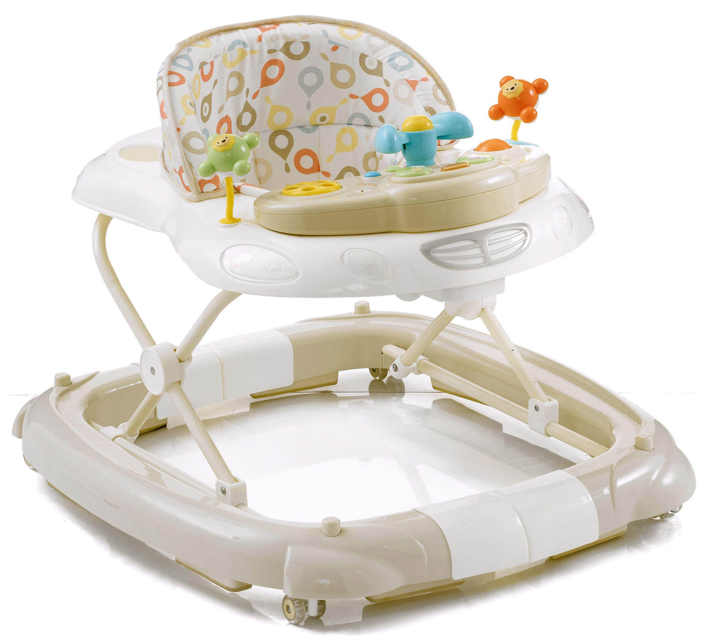 Baby walker with colorful toys on a white background