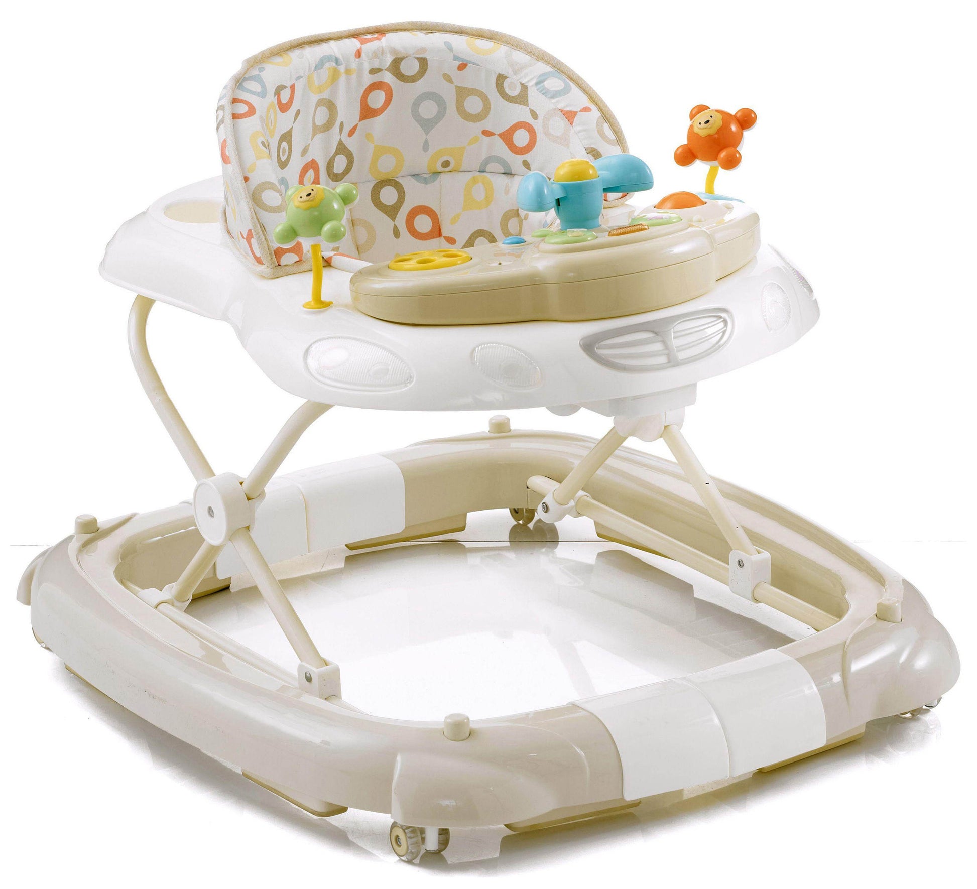 Baby walker with colorful toys on a white background