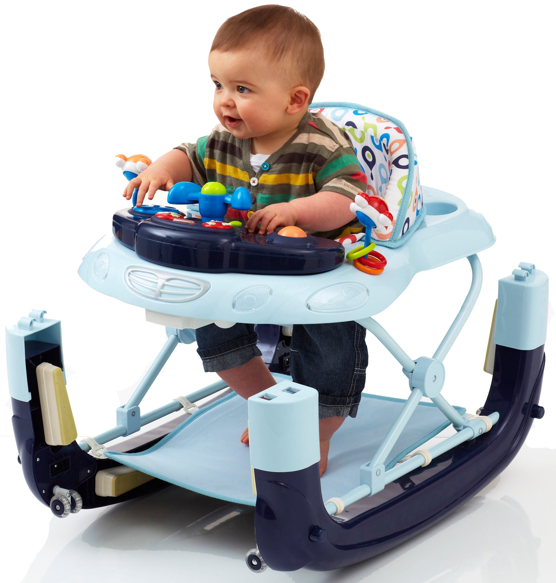 Baby playing in a colorful rocker with toys on a white background