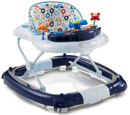 Baby walker with colorful seat and toys on a white background