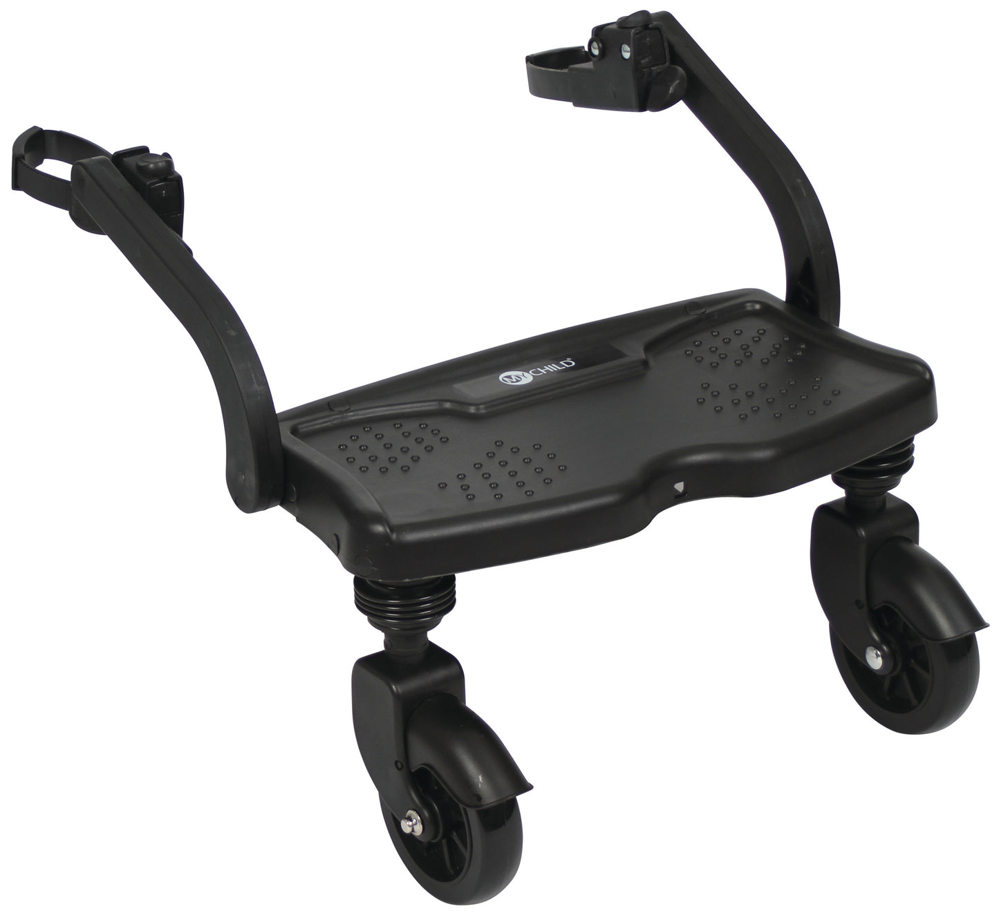 Black scooter seat with wheels on a white background