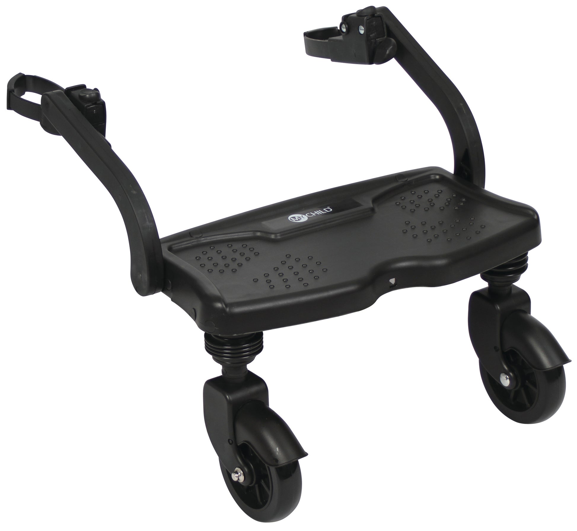 Black scooter seat with wheels on a white background