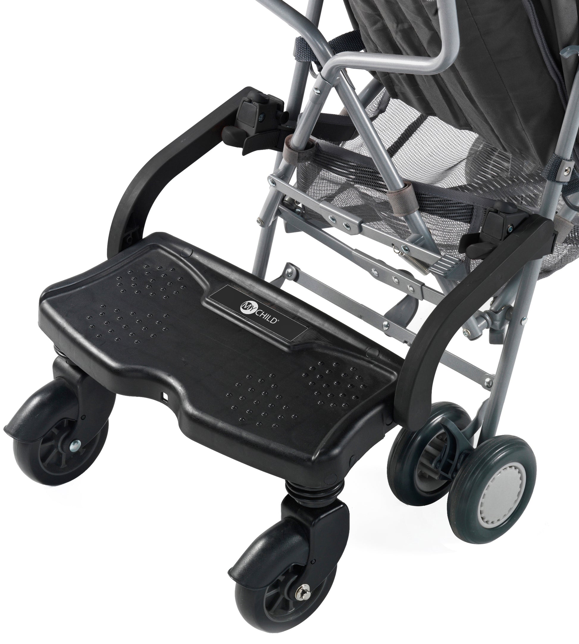 Black stroller tray attached to a gray stroller on a white background