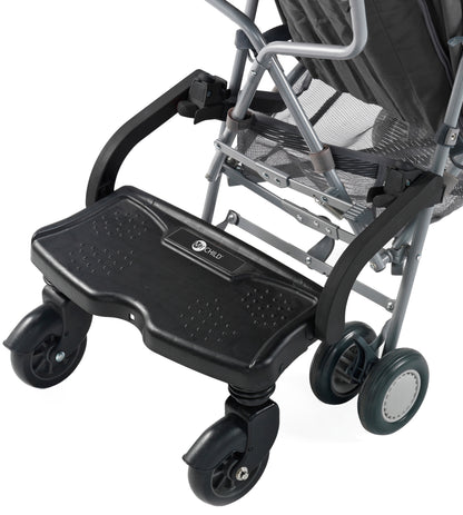Black stroller tray attached to a gray stroller on a white background