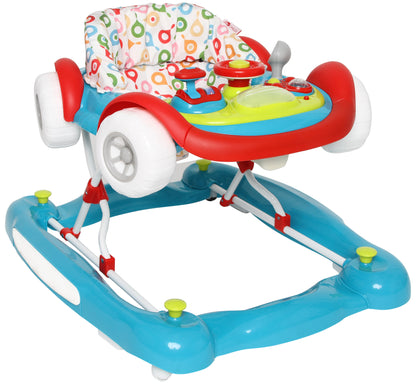 Colorful baby walker with multiple levels and toys on a white background