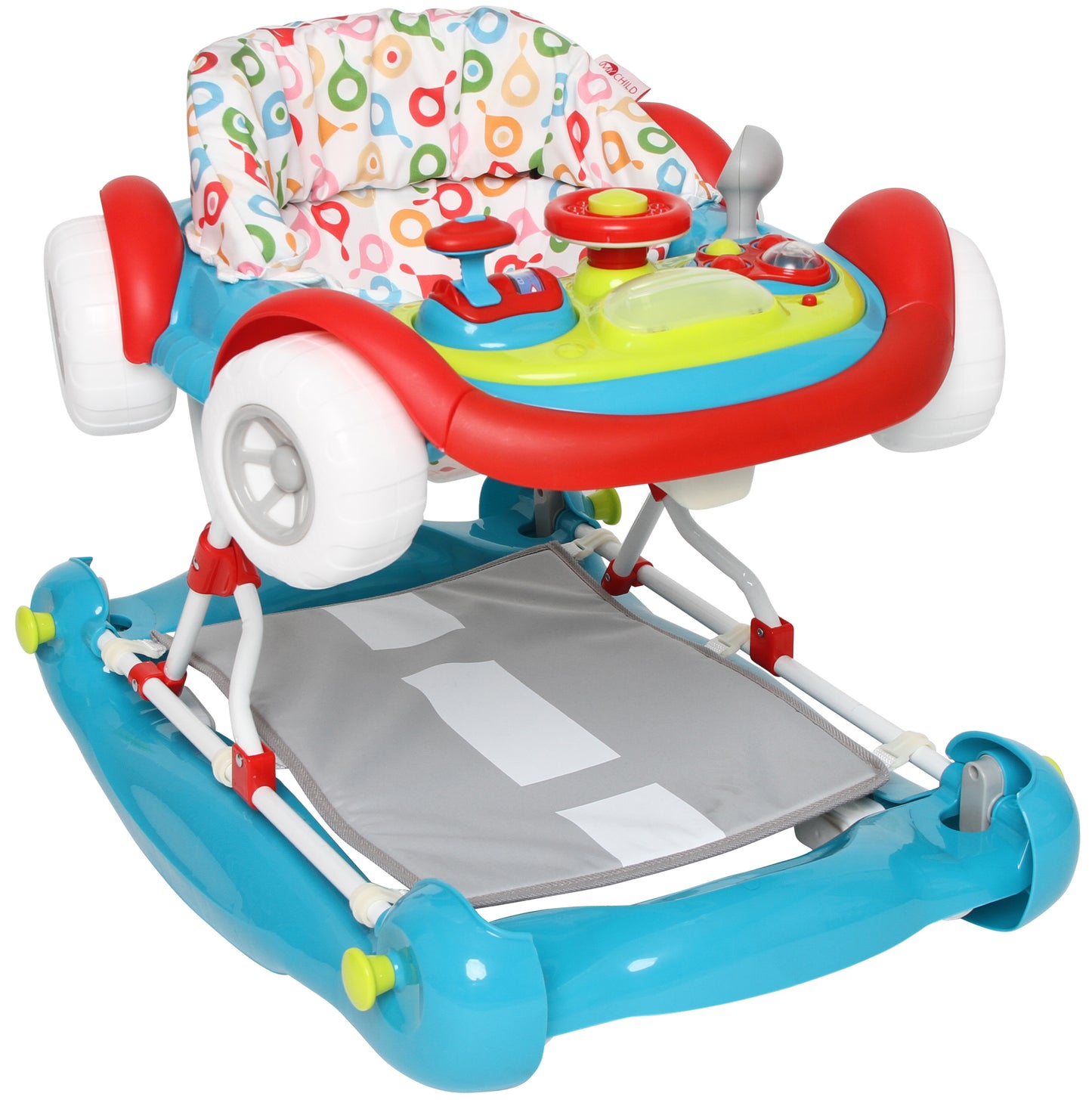 MyChild Coupe 2-in-1 baby walker and rocker, blue base with car-style activity tray