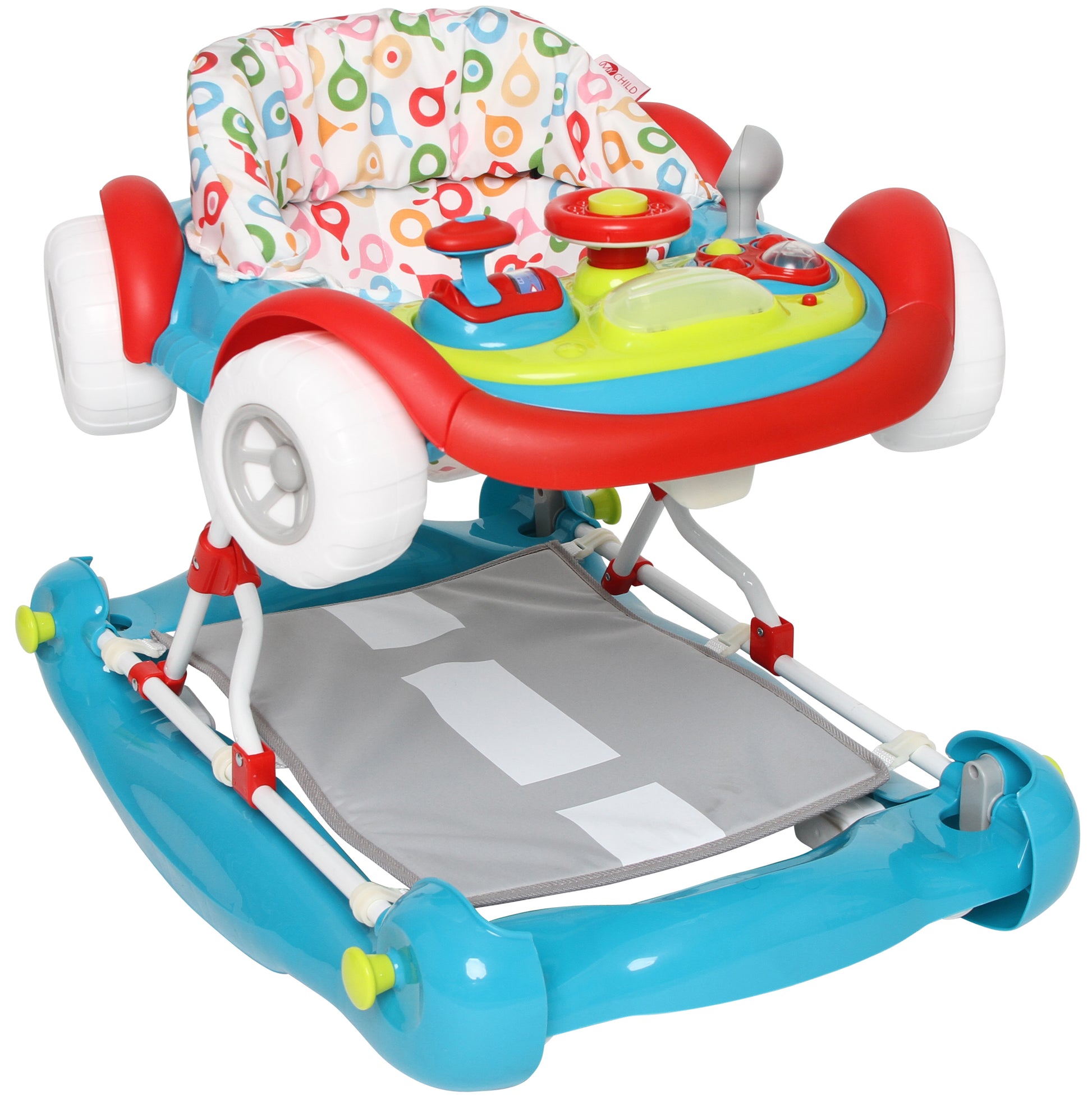 MyChild Coupe 2-in-1 baby walker and rocker, blue base with car-style activity tray