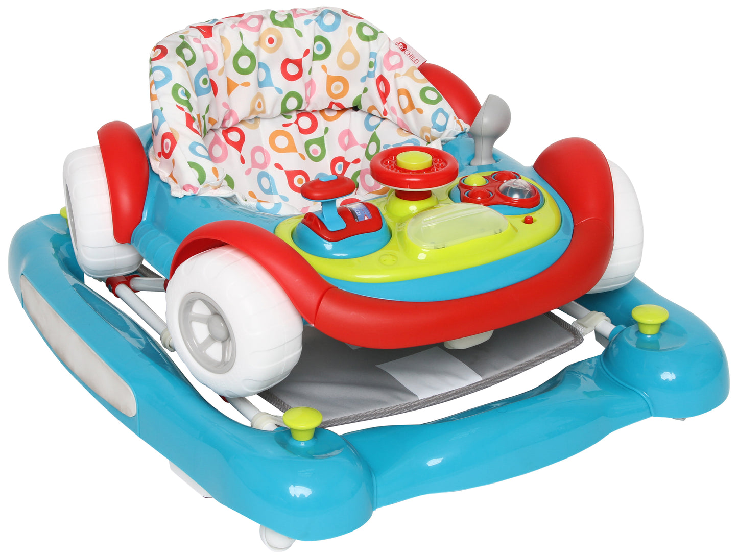 Colorful baby walker with steering wheel and buttons on a white background