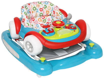 Colorful baby walker with steering wheel and buttons on a white background