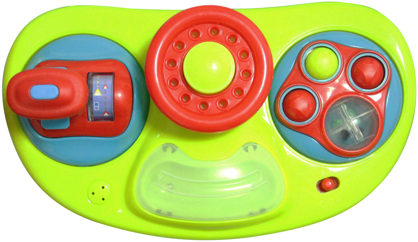 Colorful toy control panel with various buttons and a car-shaped object on a white background