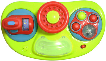 Colorful toy control panel with various buttons and a car-shaped object on a white background