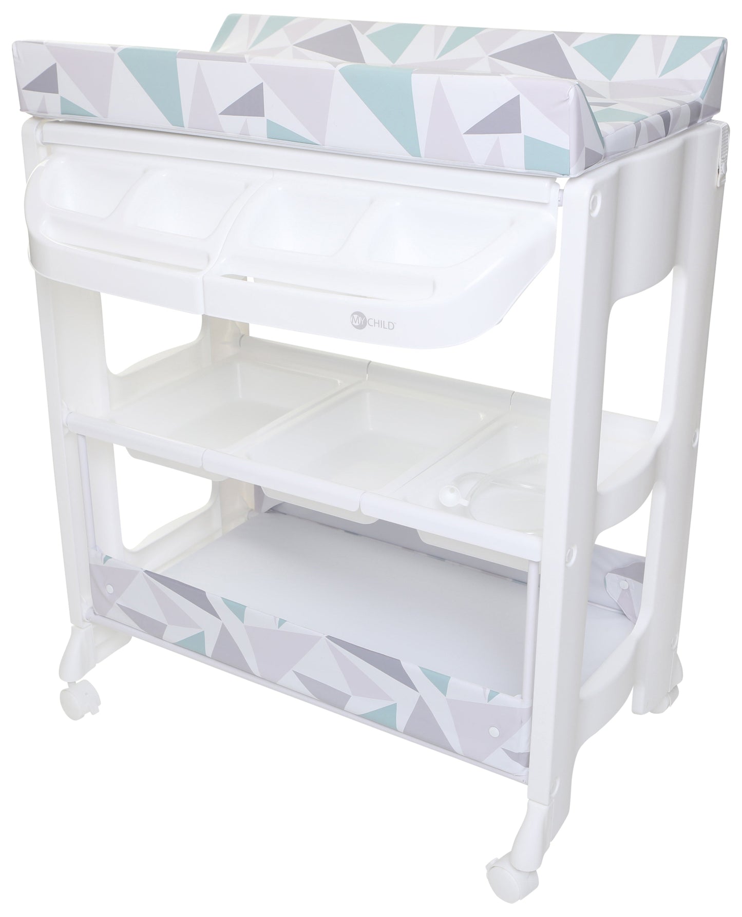 White baby changing table with geometric-patterned cover on a white background