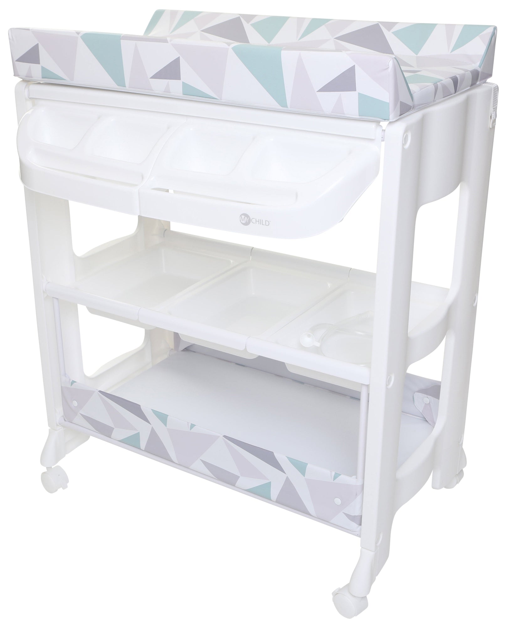 White baby changing table with geometric-patterned cover on a white background