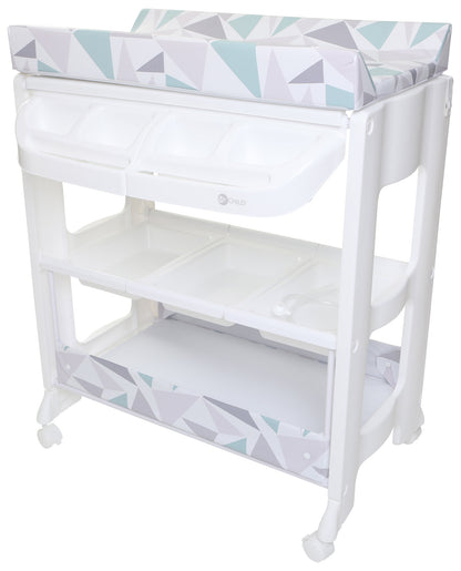 White baby changing table with geometric-patterned cover on a white background