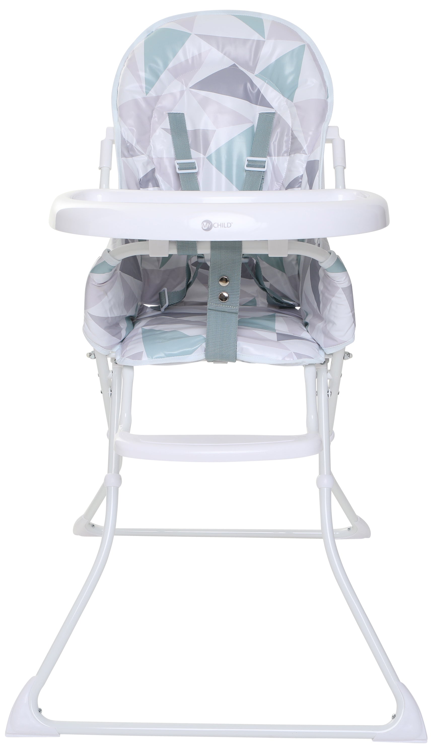 Pepper highchair, front view with tray attached