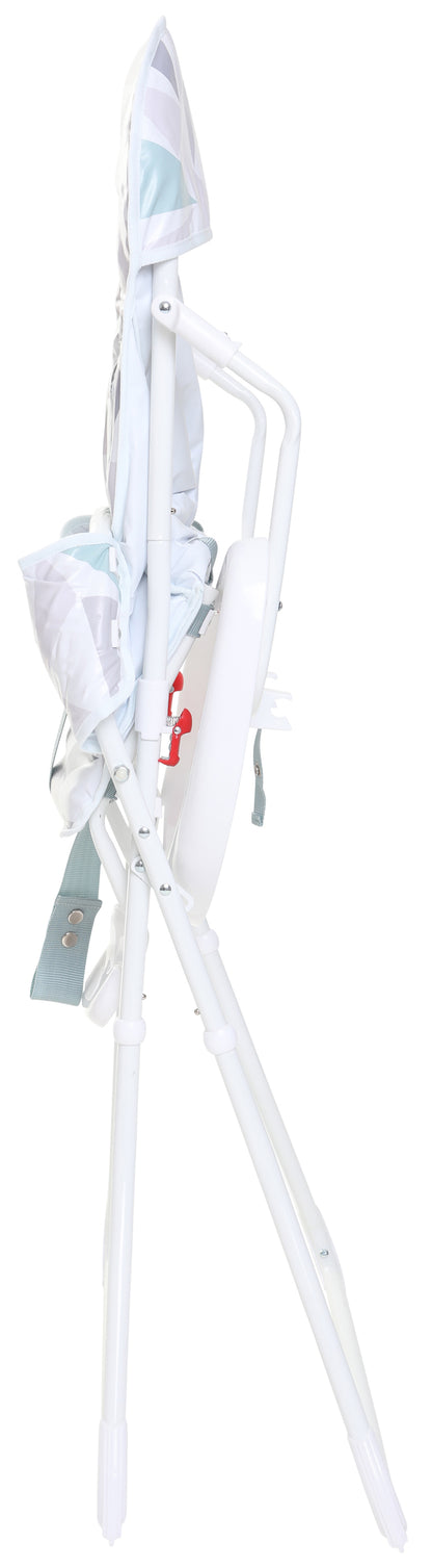 highchair folded flat, side view (compact storage)