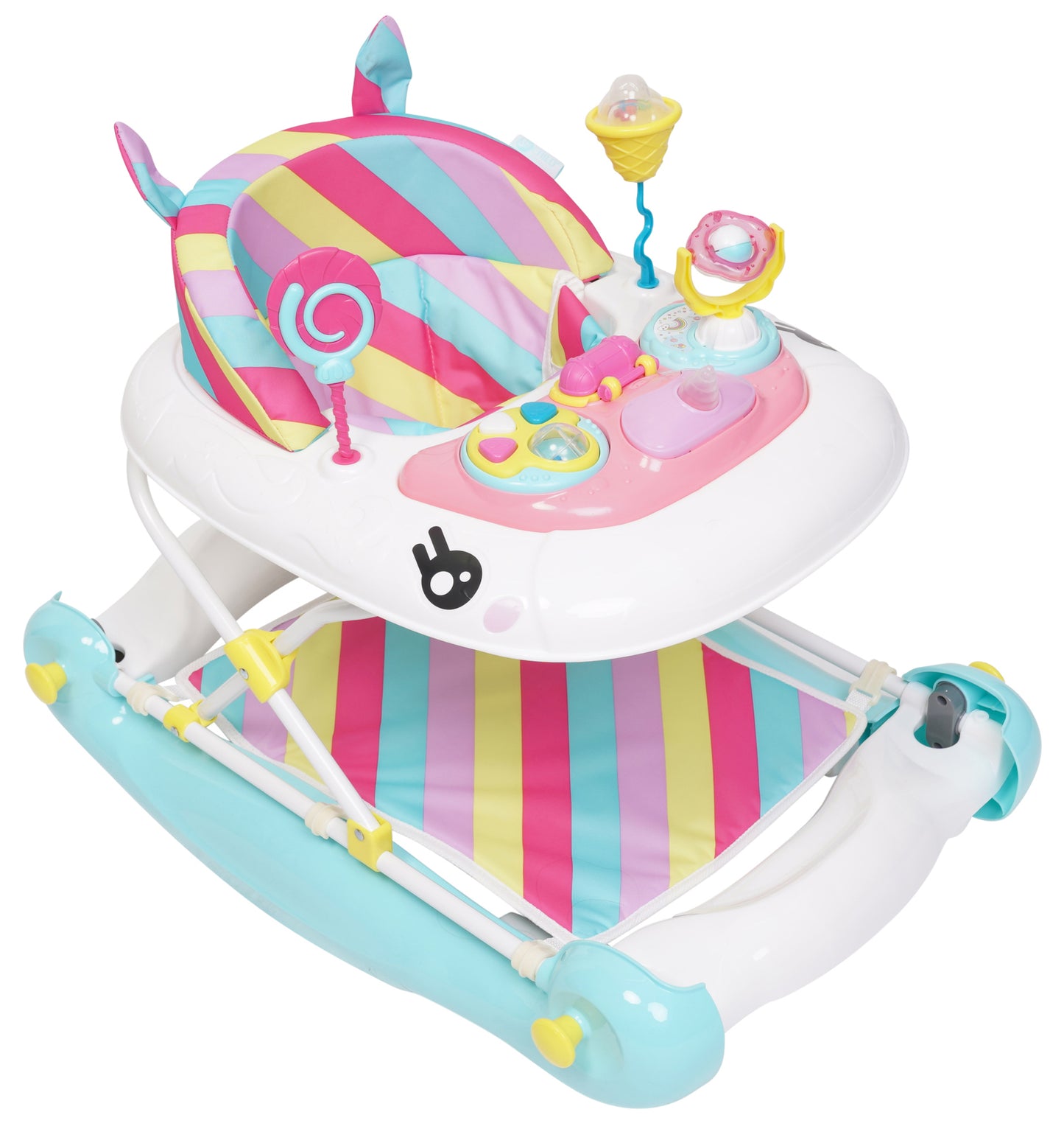 Colorful baby walker with striped design on a white background