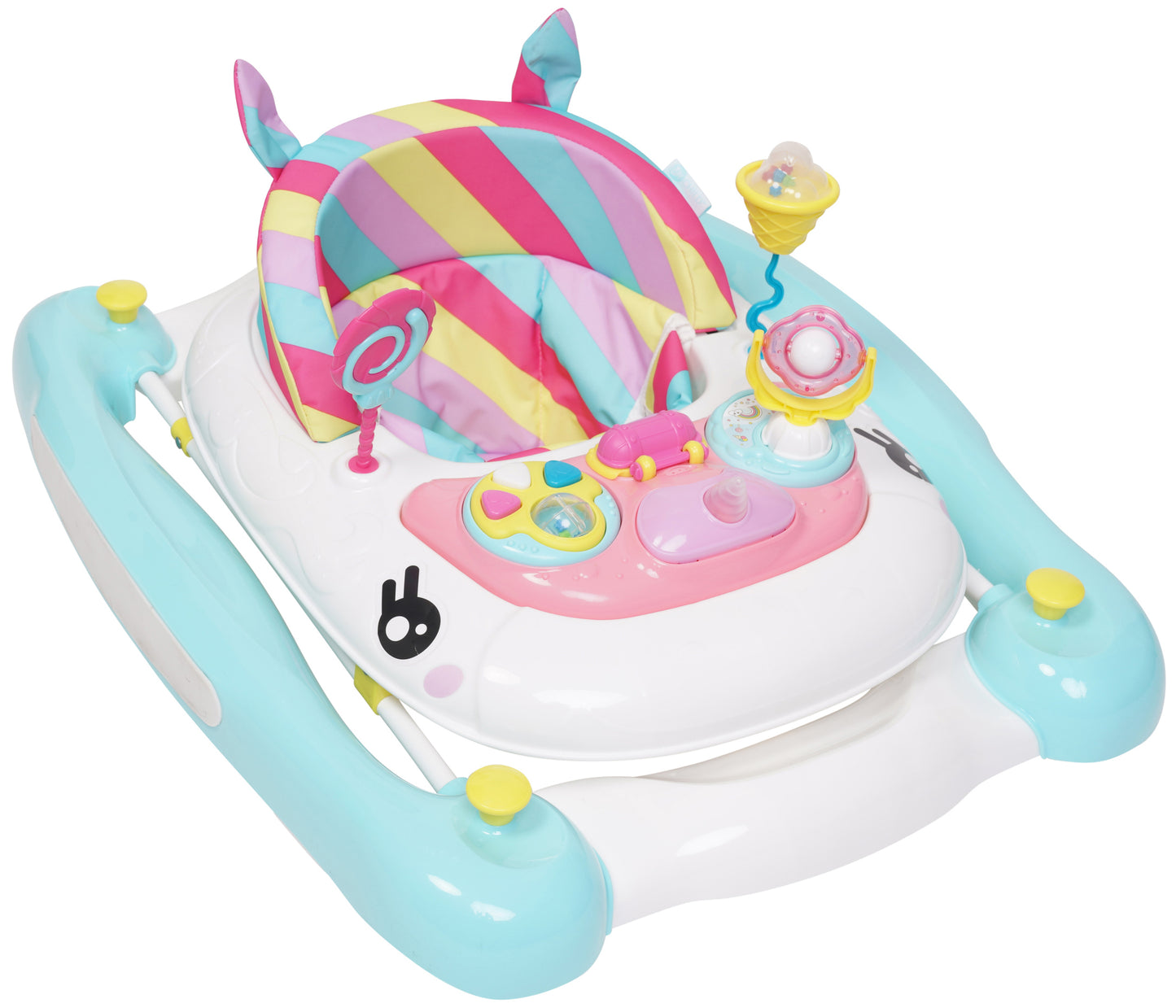 Colorful baby rocker with unicorn design on a white background