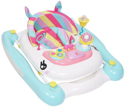 Colorful baby rocker with unicorn design on a white background