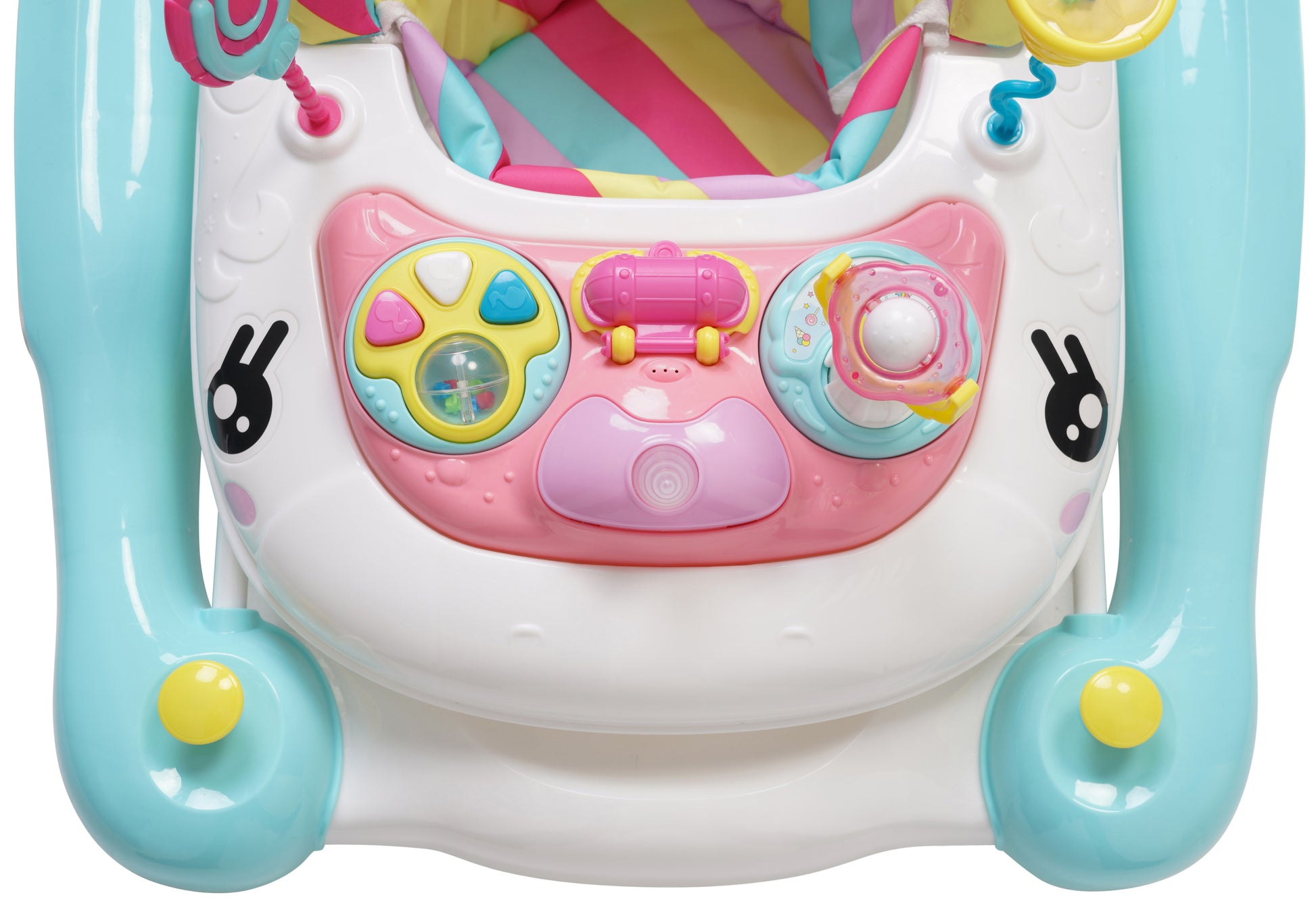 Colorful baby rocker with various buttons and lights on a white background