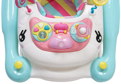 Colorful baby walker with various buttons and lights on a white background