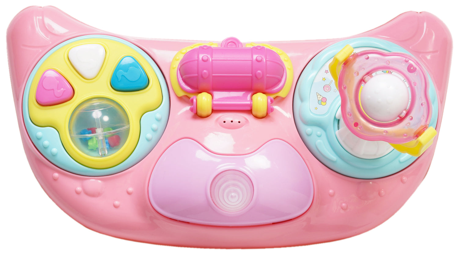 Pink toy radio with colorful buttons on a white background