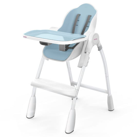 Oribel Cocoon highchair, white and blue, front three-quarter view with tray