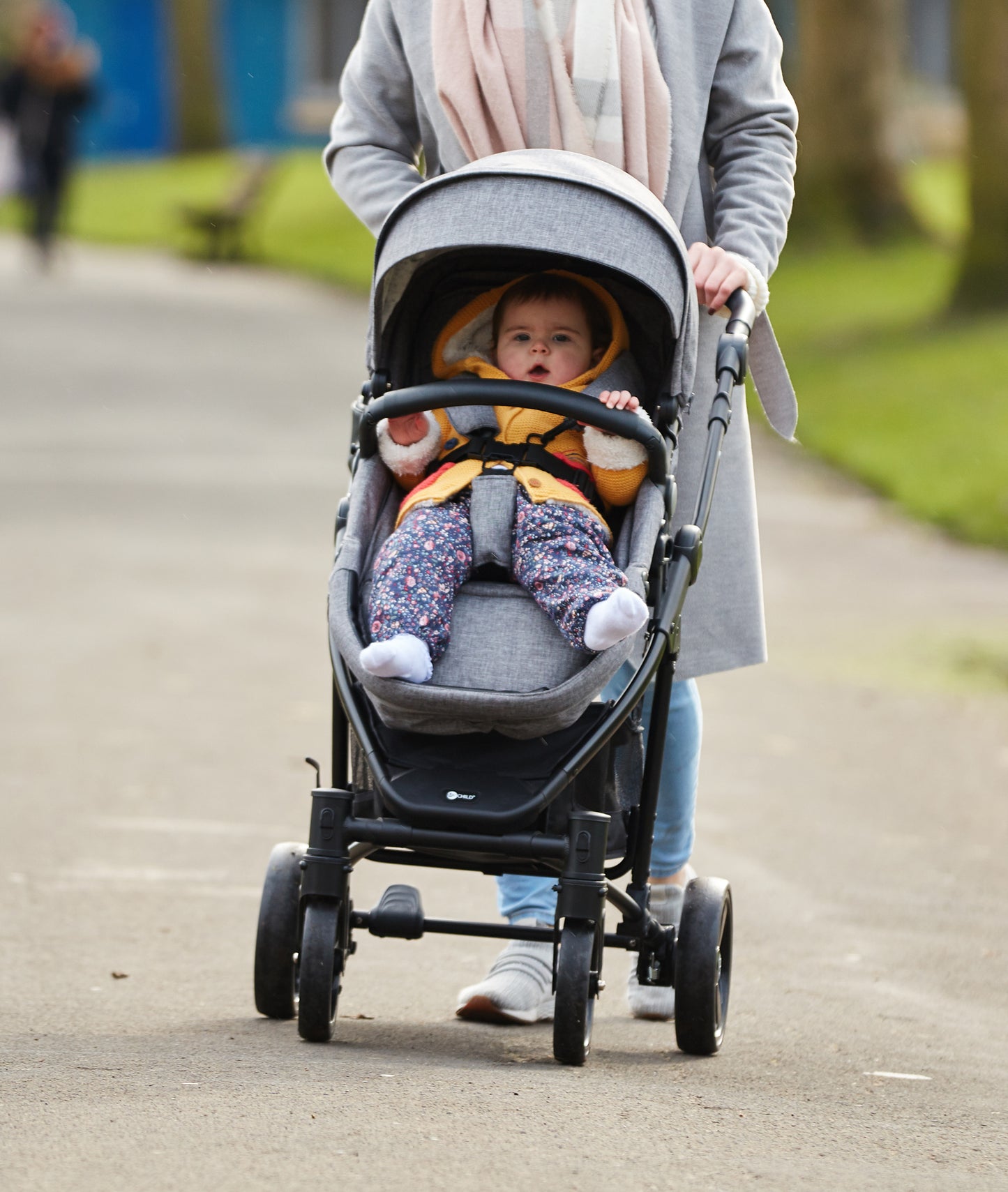 Child in a stroller being pushed by an adult on a path outdoors
