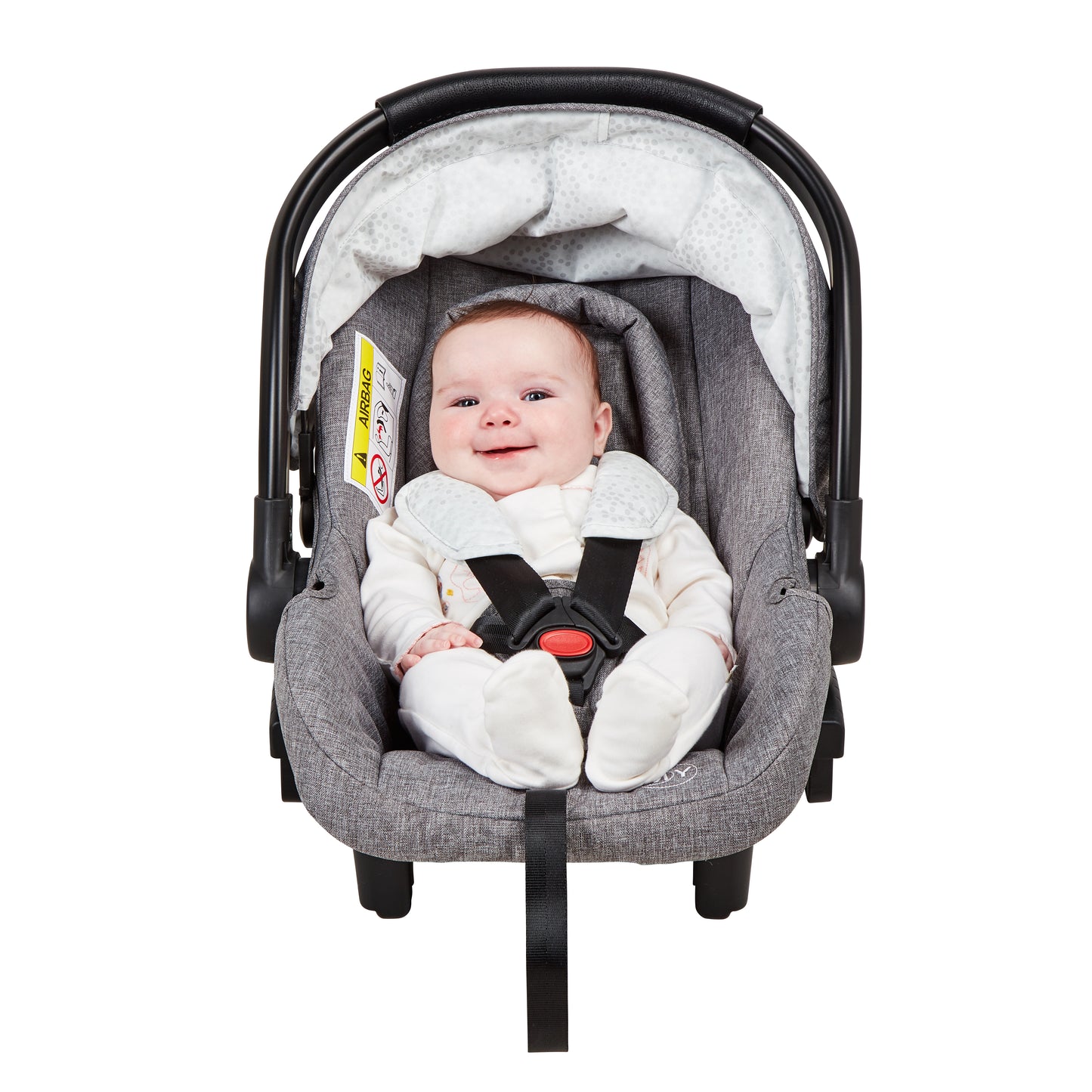 Baby in a gray car seat with a white background