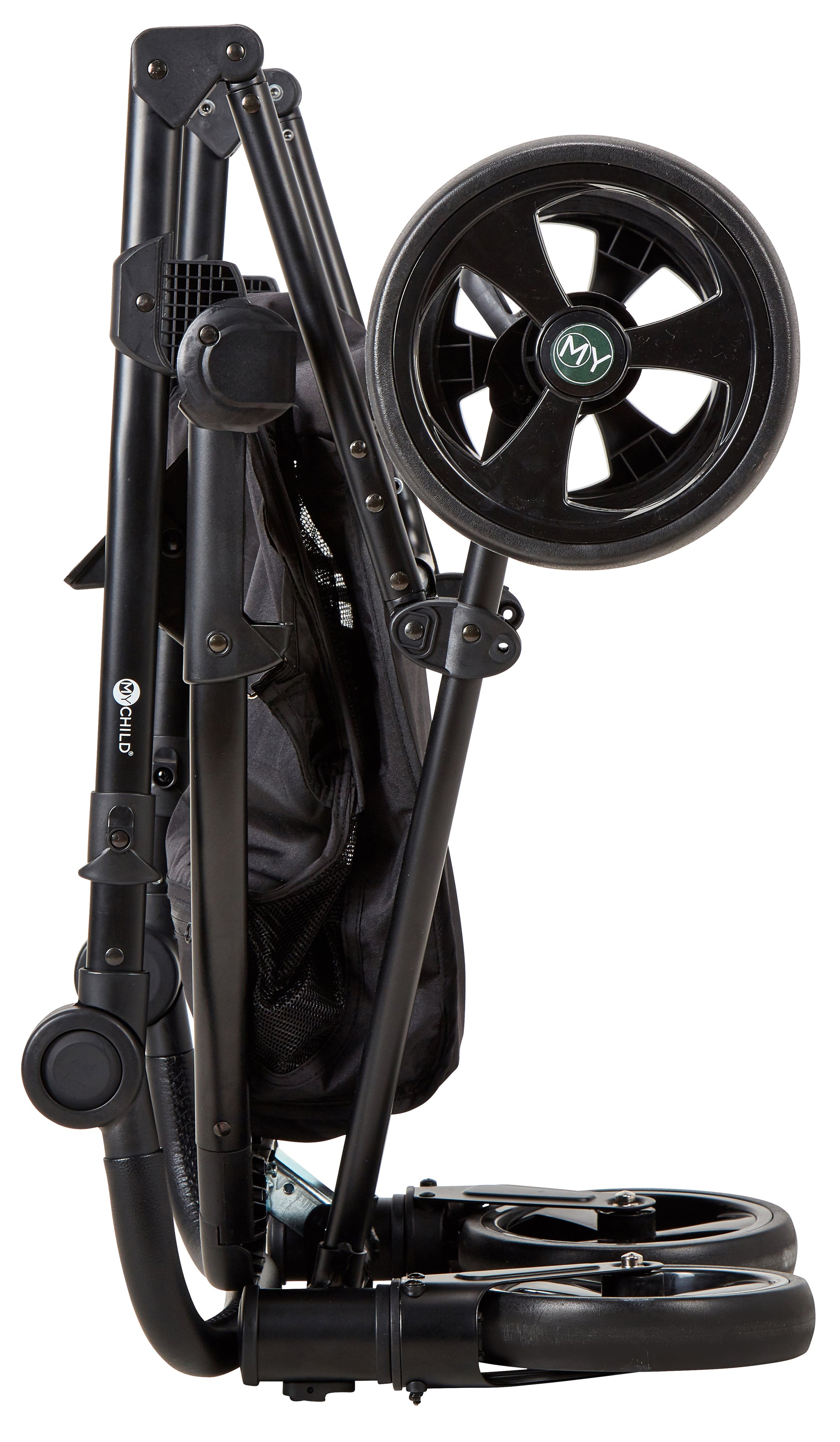 Pushchair folded flat, side view showing wheels