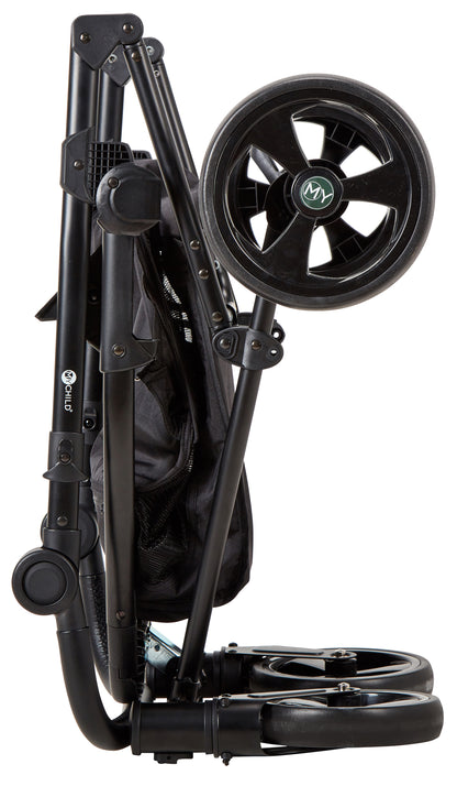 Pushchair folded flat, side view showing wheels