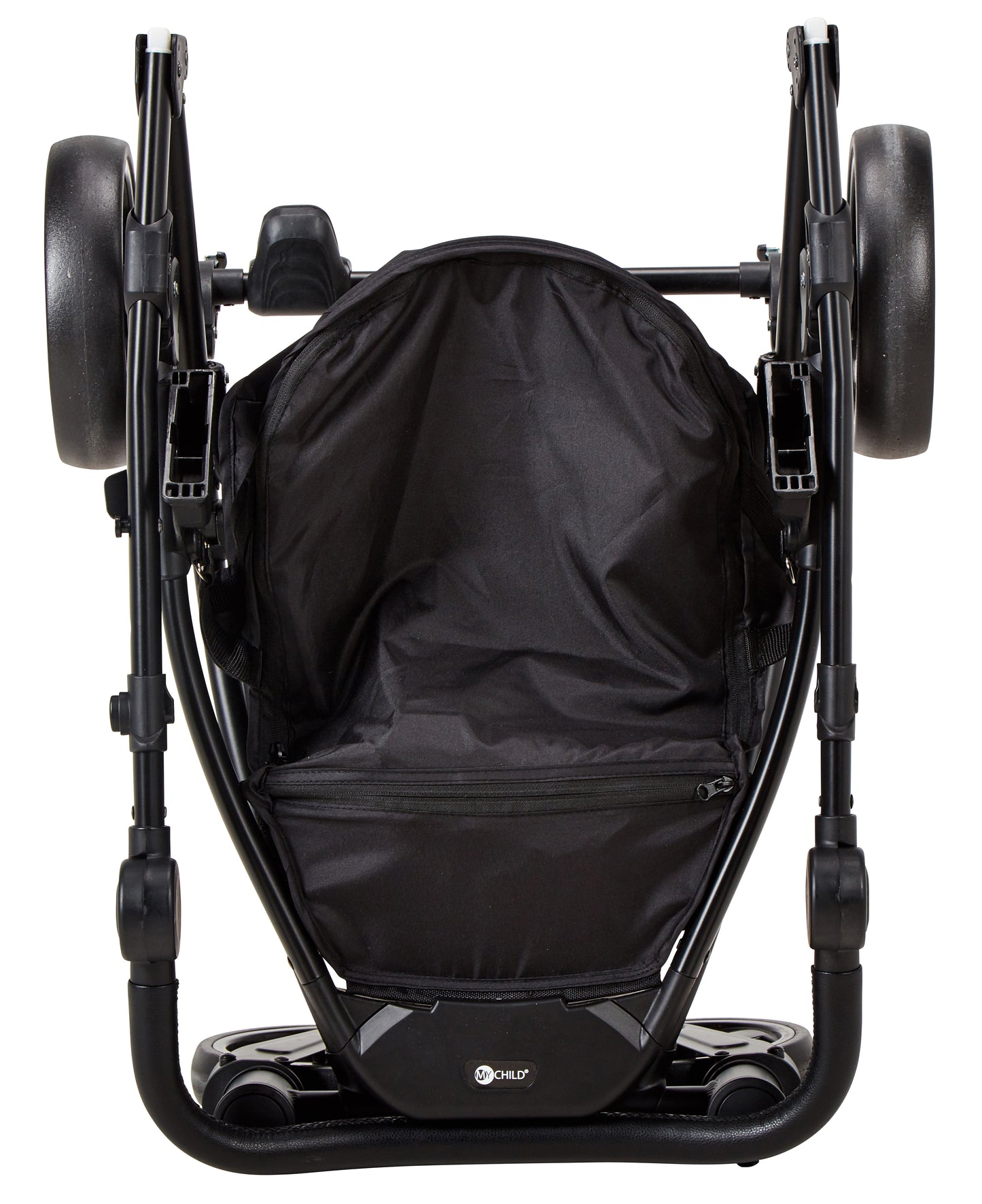 Pushchair folded flat, underside view
