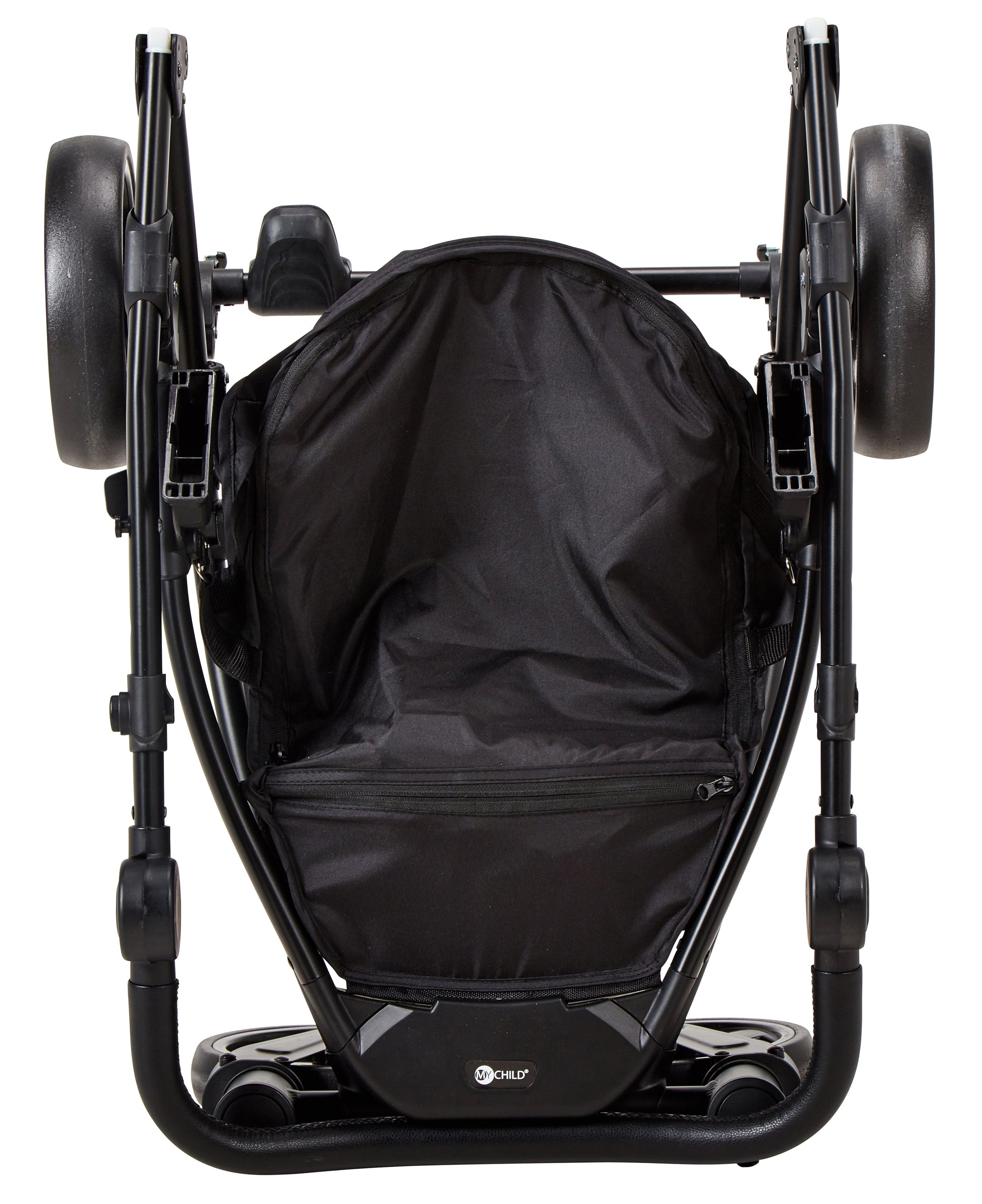 Pushchair folded flat, underside view