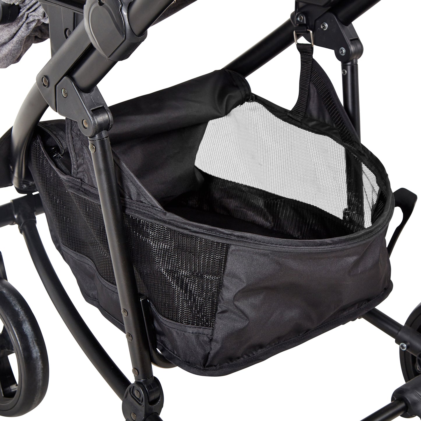 Close-up of pushchair storage basket underneath