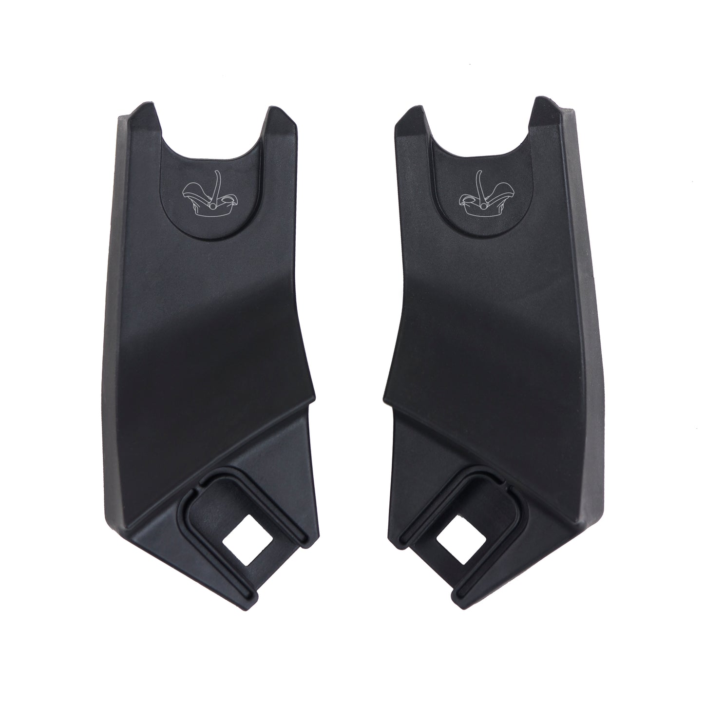 Two black plastic car seat anchors on a white background