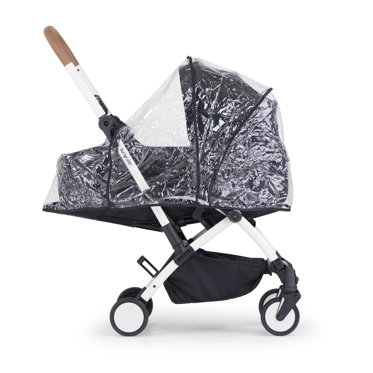 Stroller with a transparent rain cover on a white background