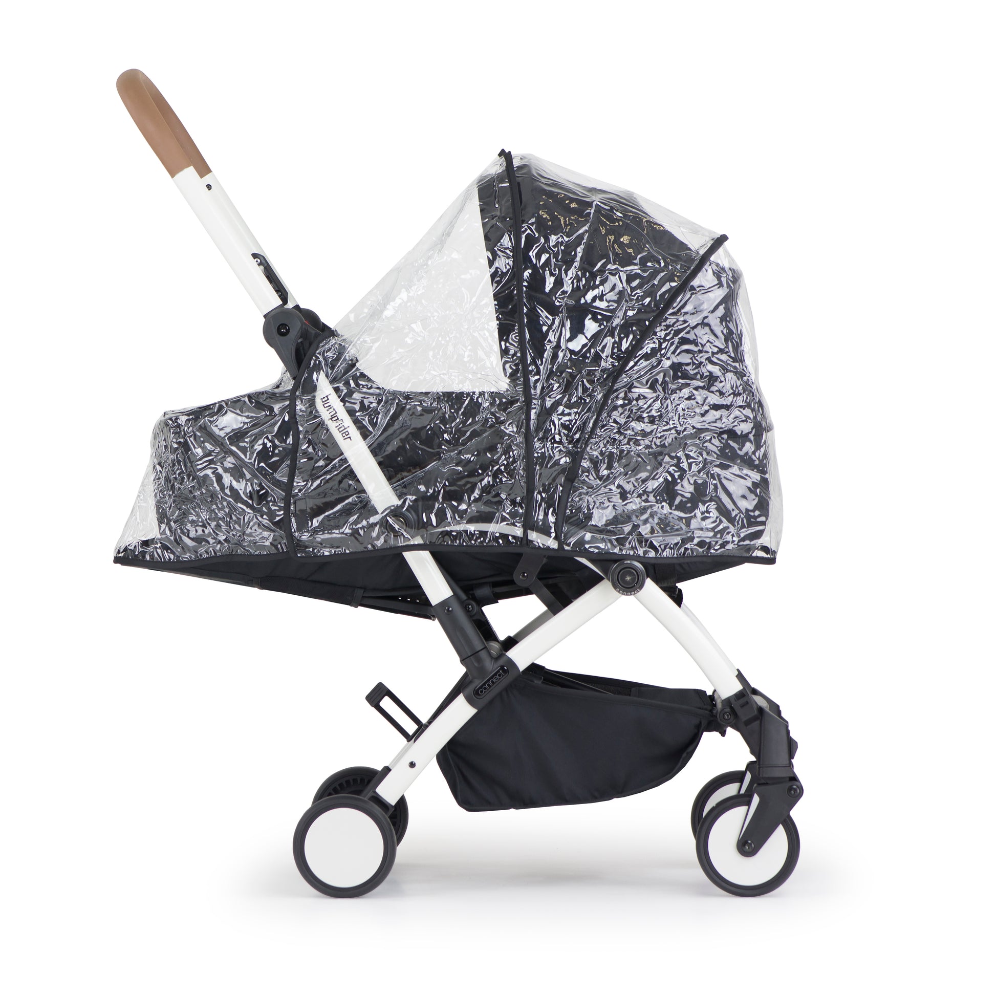 Stroller with a transparent rain cover on a white background