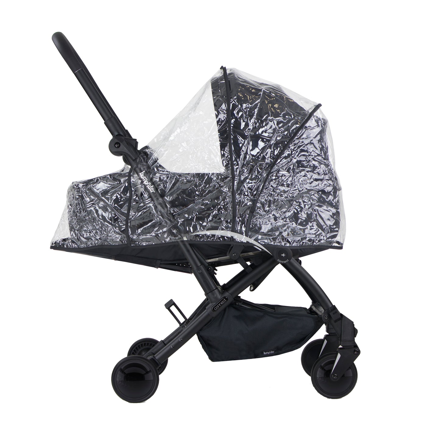 Black stroller with a transparent rain cover on a white background