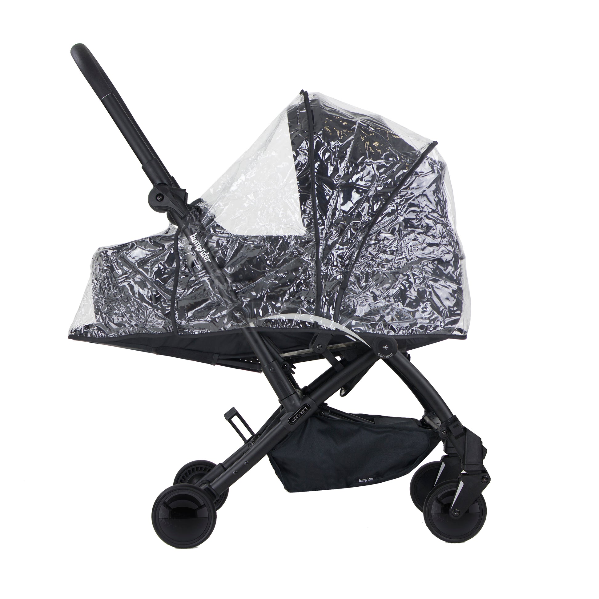 Black stroller with a transparent rain cover on a white background