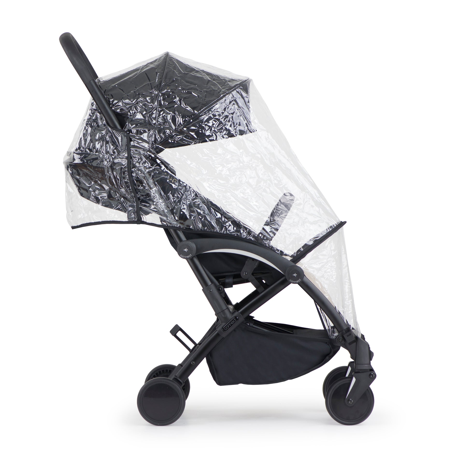 Black stroller with a transparent rain cover on a white background